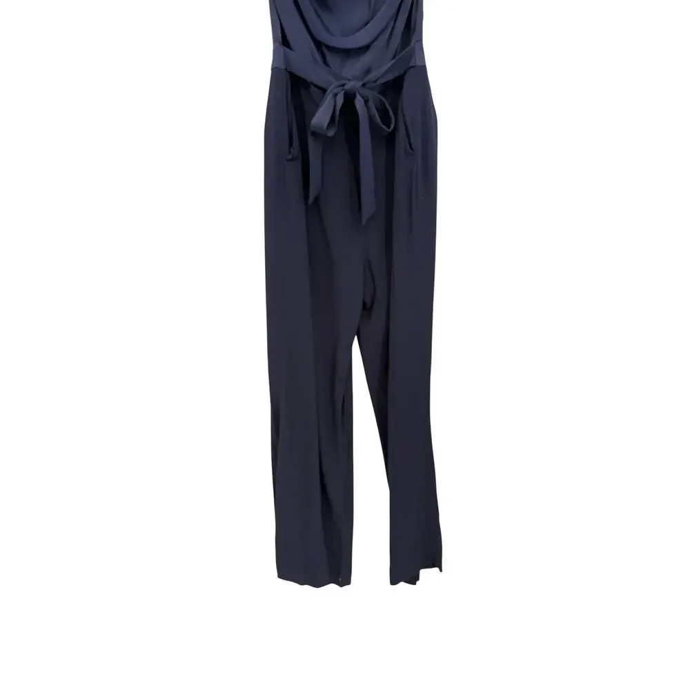Reiss Corina Halter Neck Wide Leg Jumpsuit Night Navy Tie Waist US 10